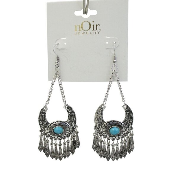 nOir Jewelry Ethnic Tassled Drop Silver Turquoise Boho Earrings NWT - Picture 1 of 4